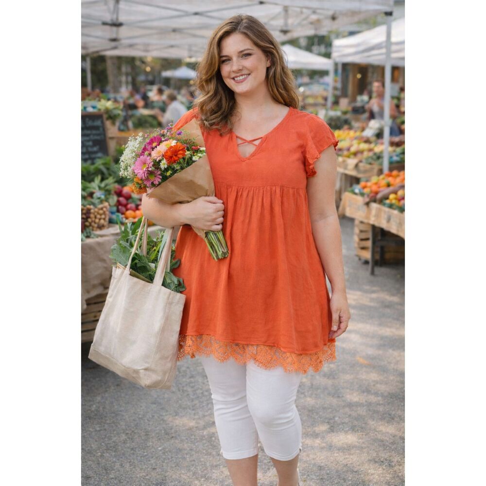 Umgee Tunic XL Coral Gauzy Lace Trim Flowy Peasant Bohochic Cottagecore Casual
